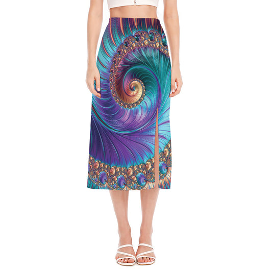 Abstract Fractal Print Side Slit Midi Skirt