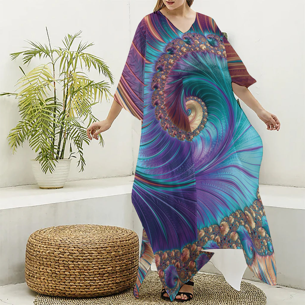 Abstract Fractal Print Silk V-Neck Kaftan Dress