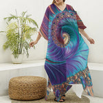 Abstract Fractal Print Silk V-Neck Kaftan Dress