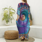 Abstract Fractal Print Silk V-Neck Kaftan Dress
