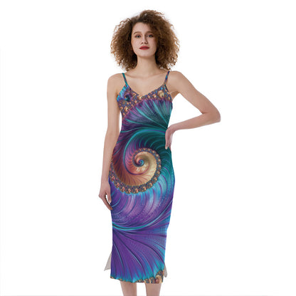 Abstract Fractal Print Slim Fit Midi Cami Dress
