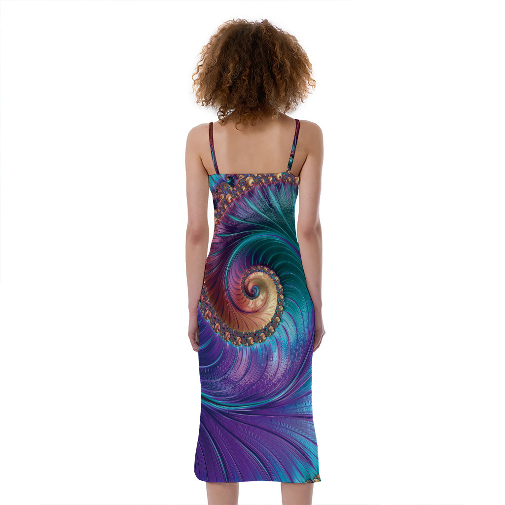 Abstract Fractal Print Slim Fit Midi Cami Dress