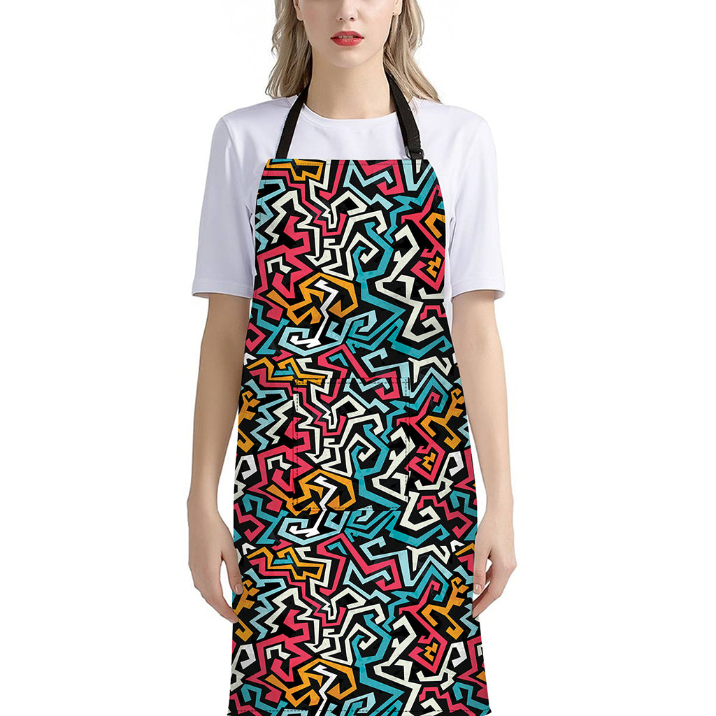 Abstract Funky Pattern Print Bib Apron With Pocket