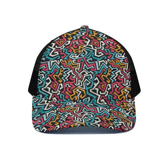 Abstract Funky Pattern Print Black Mesh Trucker Cap