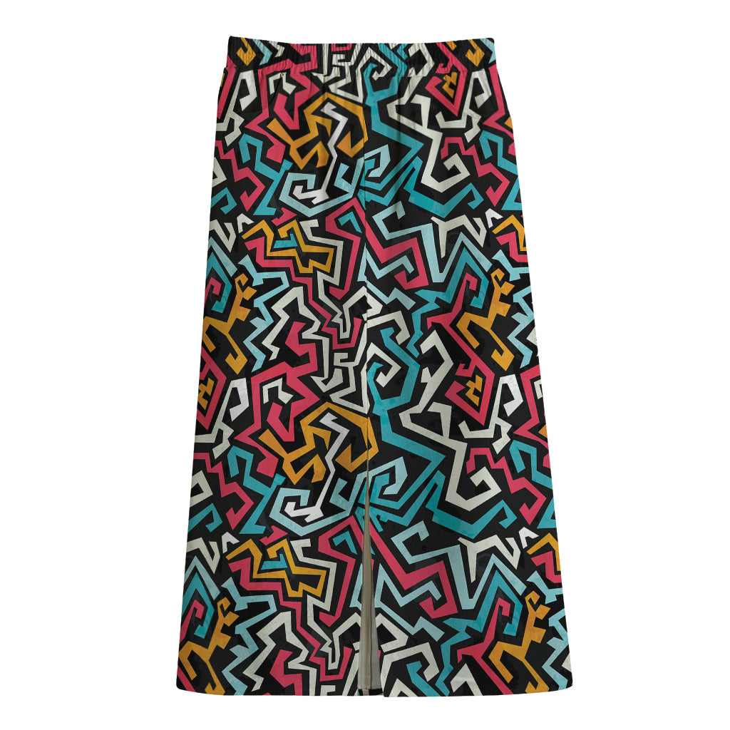 Abstract Funky Pattern Print Cotton Front Slit Maxi Skirt