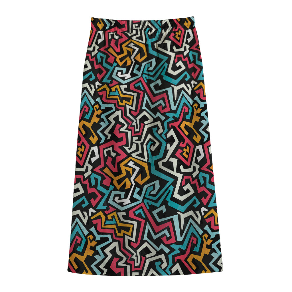 Abstract Funky Pattern Print Cotton Front Slit Maxi Skirt