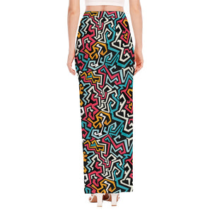 Abstract Funky Pattern Print High Slit Maxi Skirt