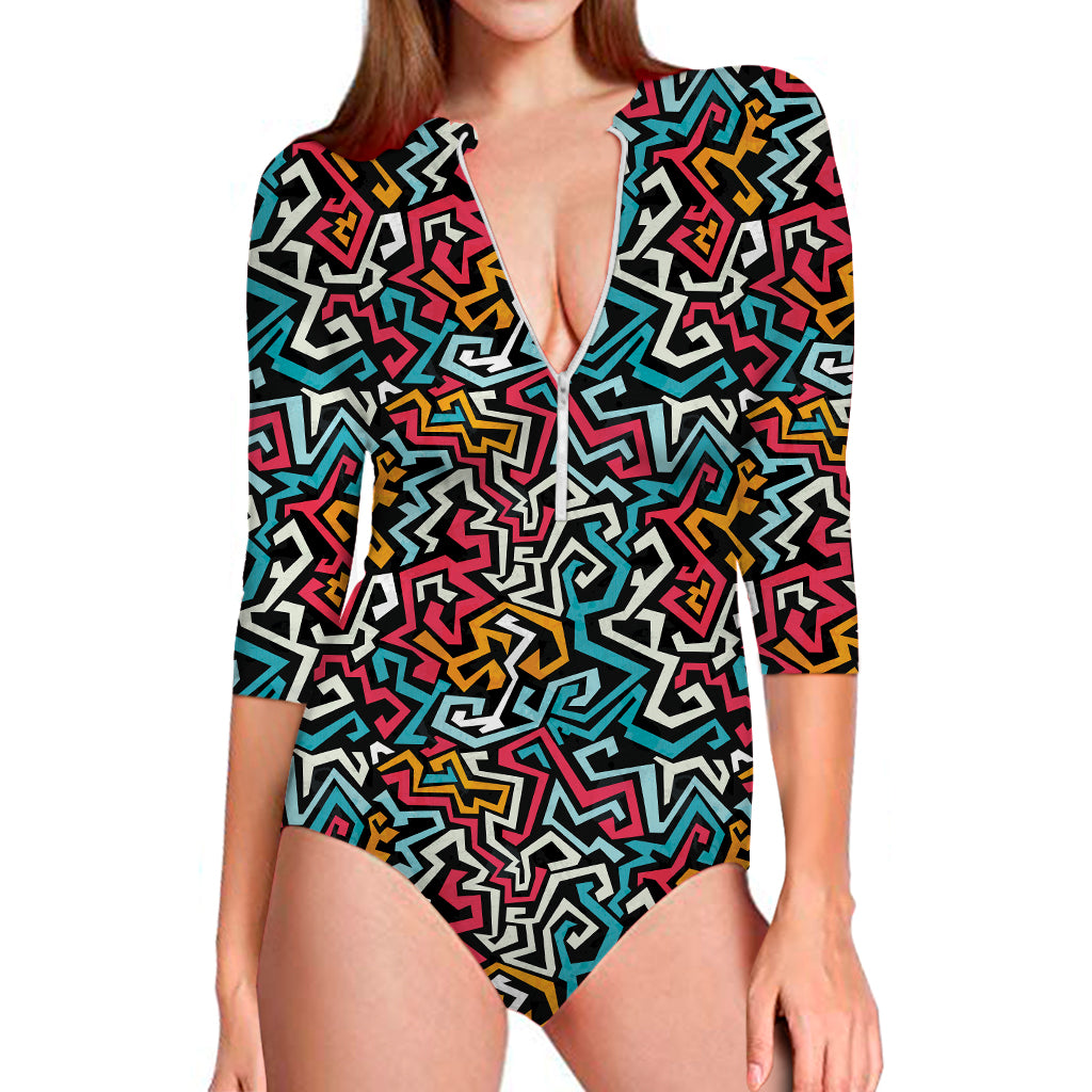 Abstract Funky Pattern Print Long Sleeve Swimsuit