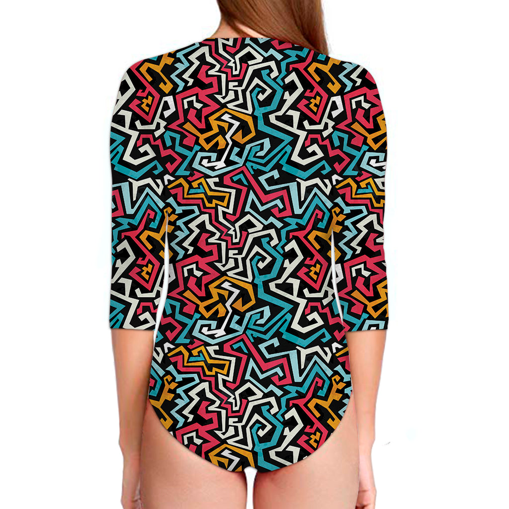 Abstract Funky Pattern Print Long Sleeve Swimsuit