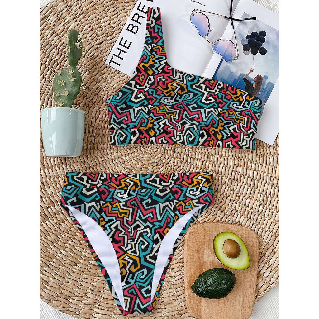 Abstract Funky Pattern Print One Shoulder Bikini Top