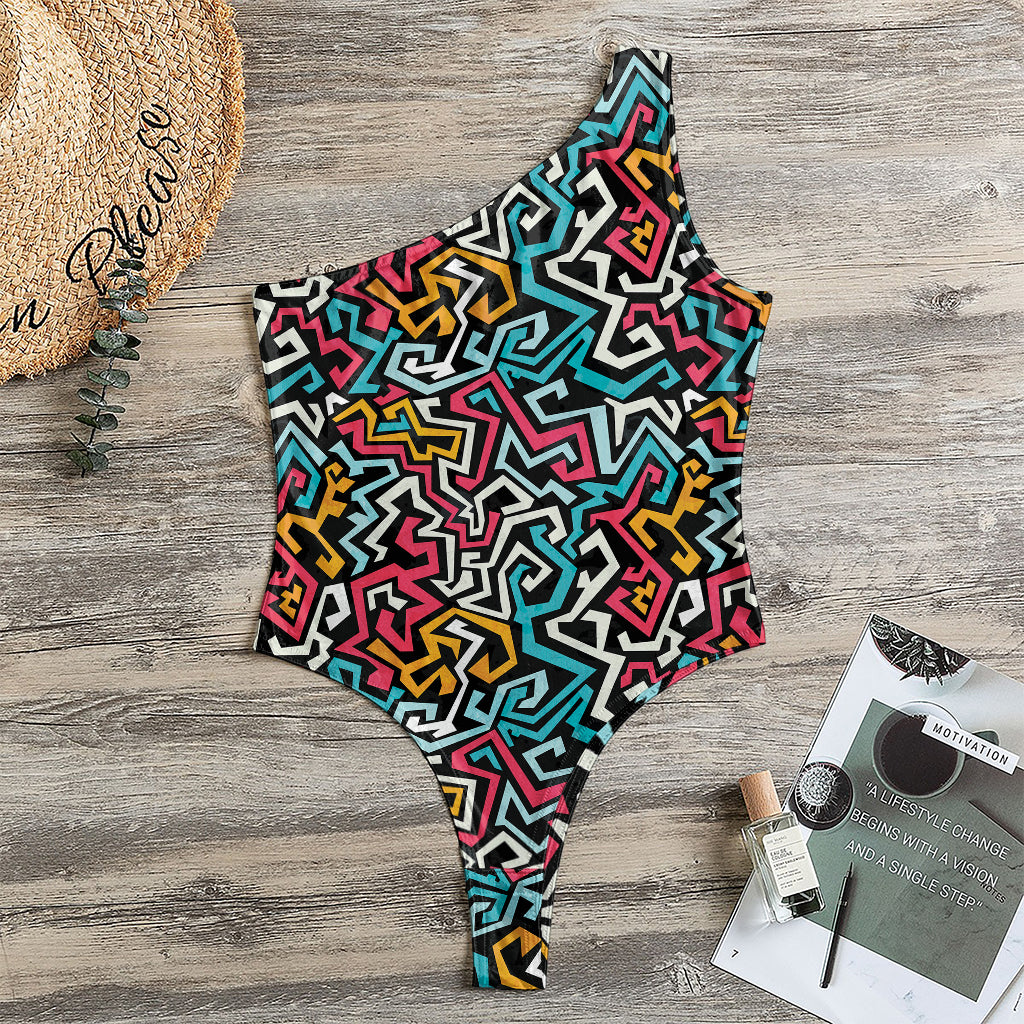 Abstract Funky Pattern Print One Shoulder Bodysuit