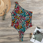 Abstract Funky Pattern Print One Shoulder Bodysuit