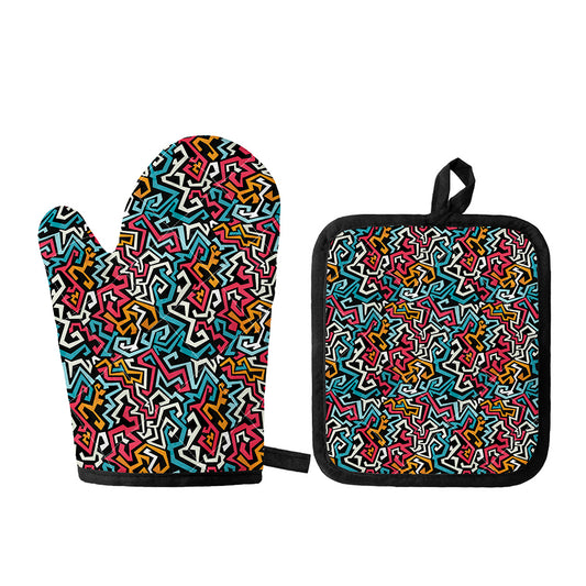 Abstract Funky Pattern Print Oven Mitt And Pot Holder Set