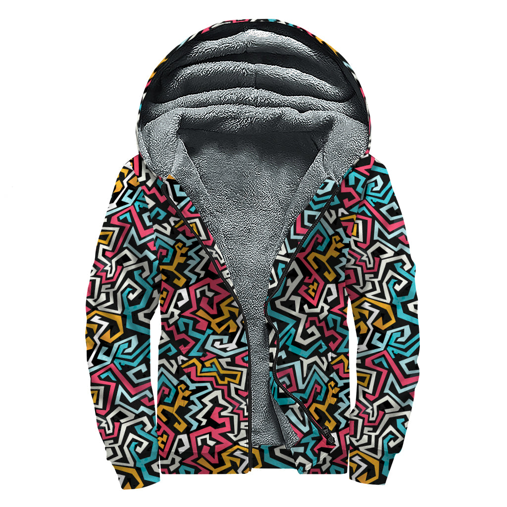 Abstract Funky Pattern Print Sherpa Lined Zip Up Hoodie
