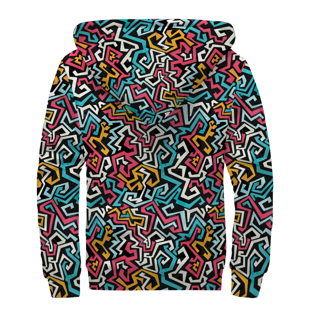 Abstract Funky Pattern Print Sherpa Lined Zip Up Hoodie