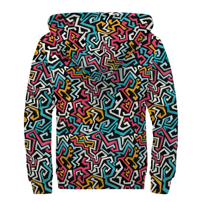 Abstract Funky Pattern Print Sherpa Lined Zip Up Hoodie