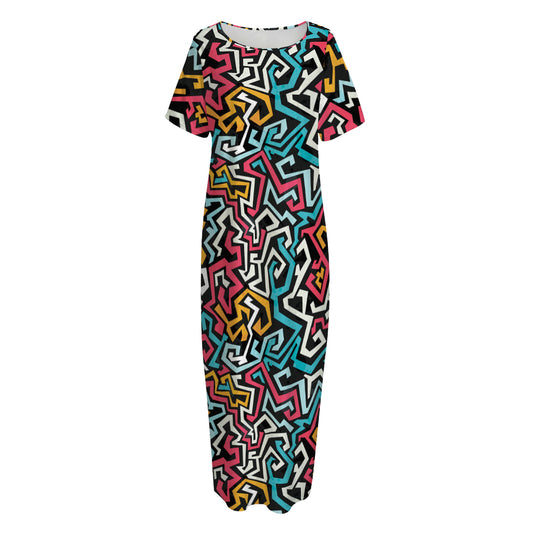 Abstract Funky Pattern Print Short Sleeve Long Nightdress