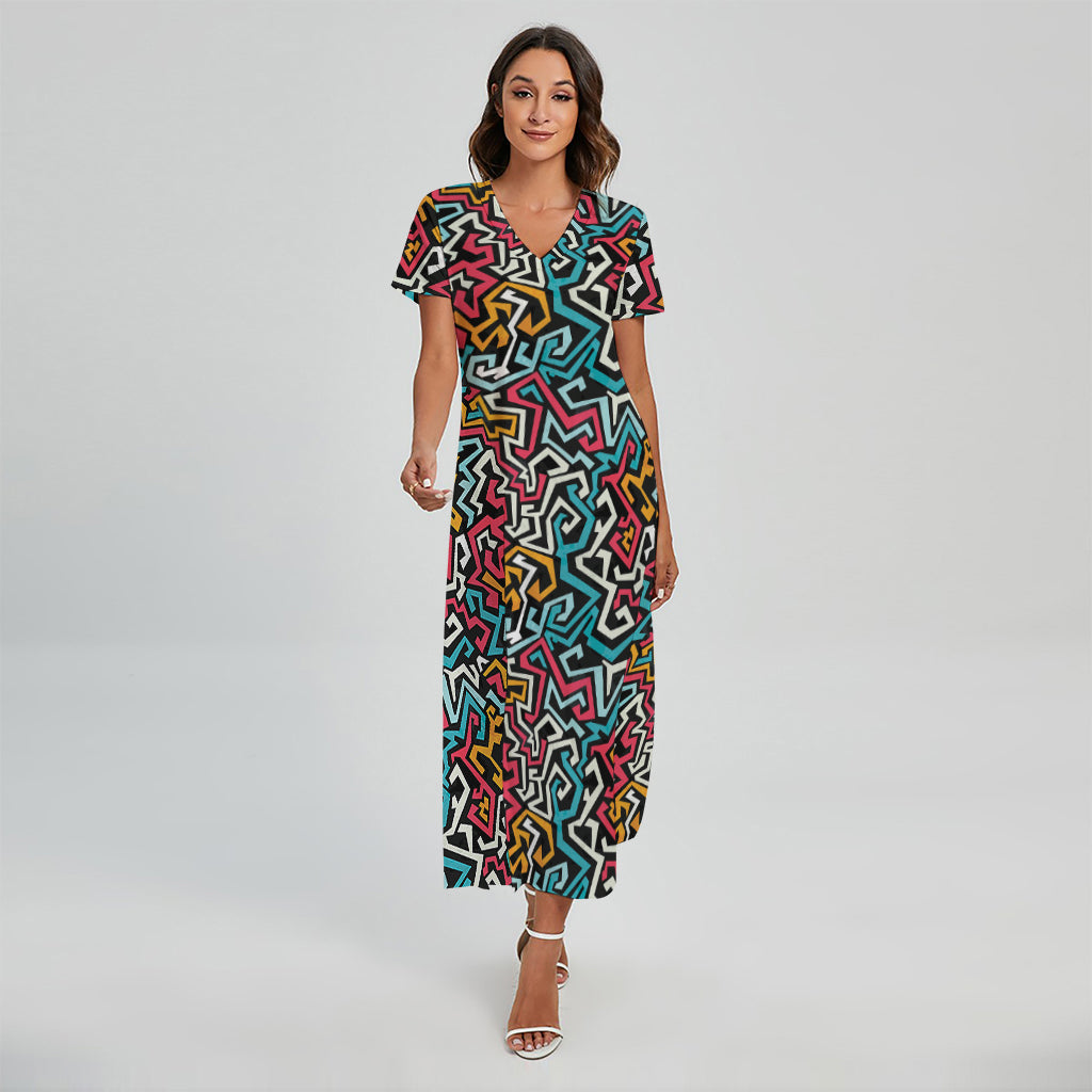 Abstract Funky Pattern Print Short Sleeve Maxi Dress