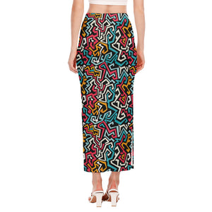 Abstract Funky Pattern Print Side Slit Maxi Skirt