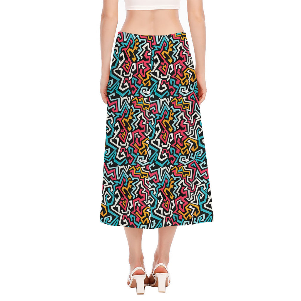 Abstract Funky Pattern Print Side Slit Midi Skirt