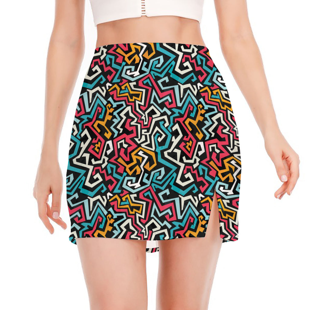 Abstract Funky Pattern Print Side Slit Mini Skirt