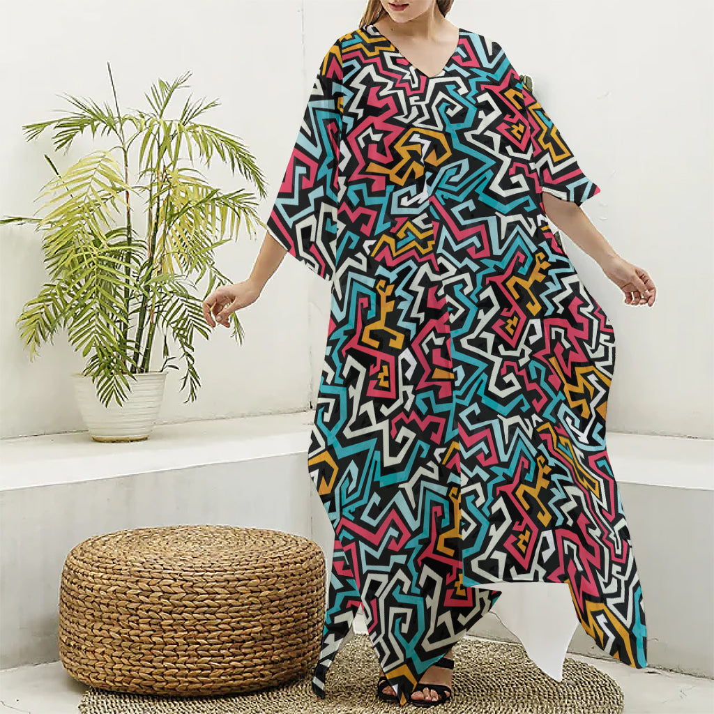 Abstract Funky Pattern Print Silk V-Neck Kaftan Dress