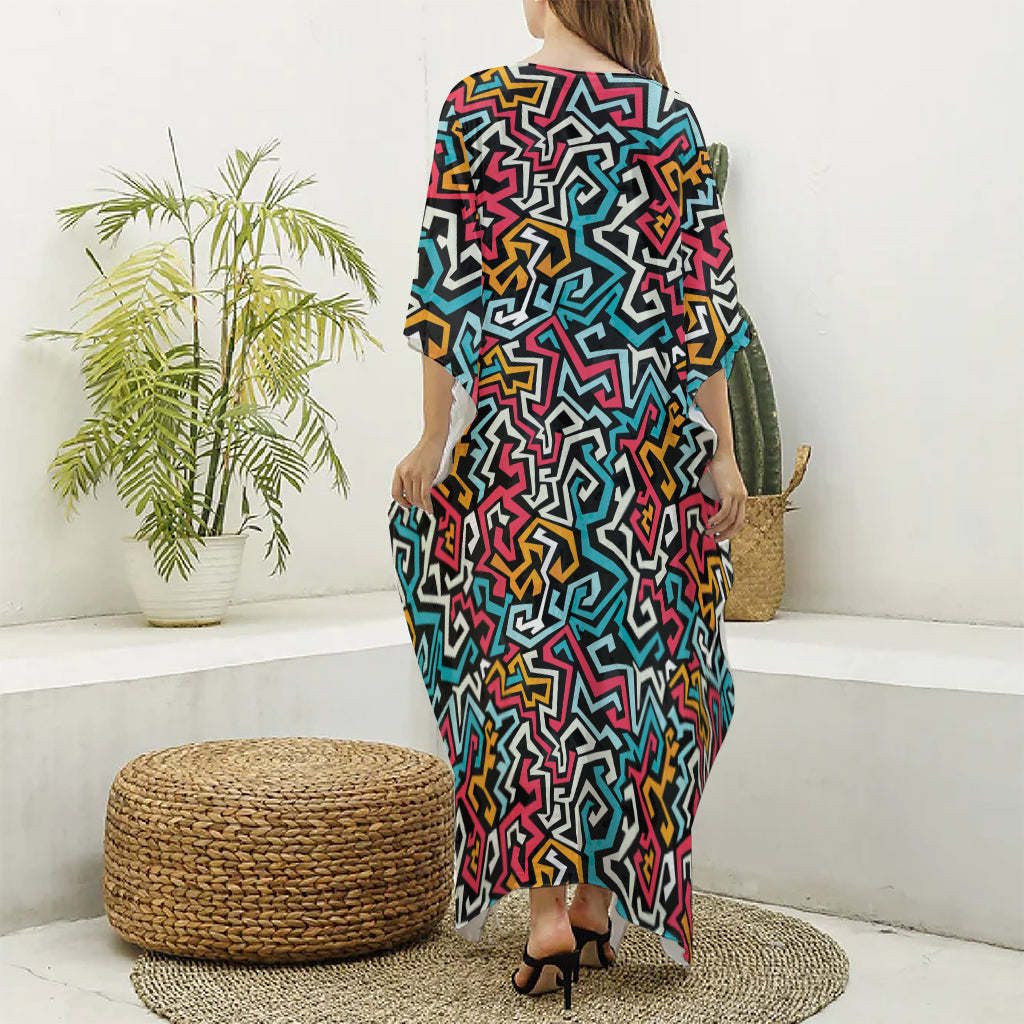 Abstract Funky Pattern Print Silk V-Neck Kaftan Dress