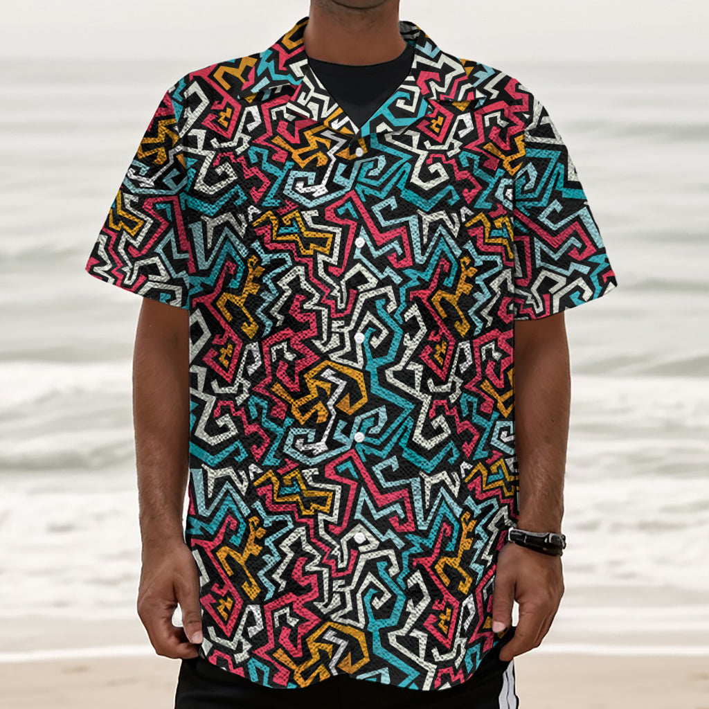 Abstract Funky Pattern Print Textured Short Sleeve Shirt