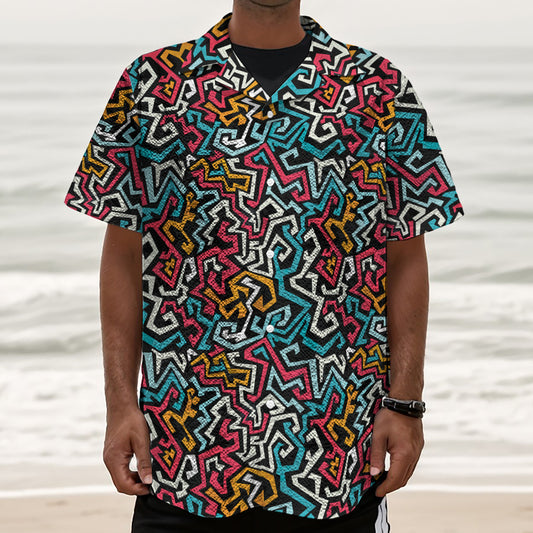 Abstract Funky Pattern Print Textured Short Sleeve Shirt