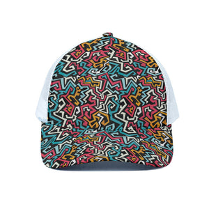 Abstract Funky Pattern Print White Mesh Trucker Cap