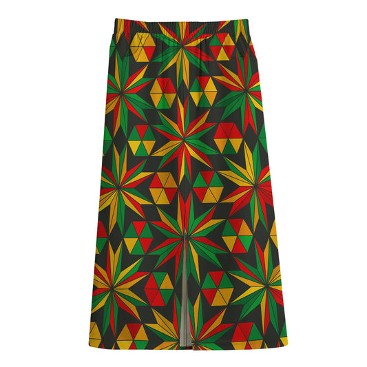 Abstract Geometric Reggae Pattern Print Cotton Front Slit Maxi Skirt