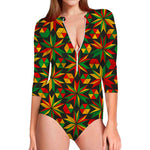 Abstract Geometric Reggae Pattern Print Long Sleeve Swimsuit
