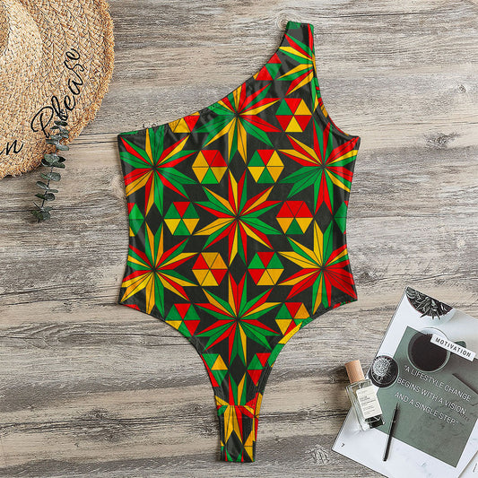 Abstract Geometric Reggae Pattern Print One Shoulder Bodysuit
