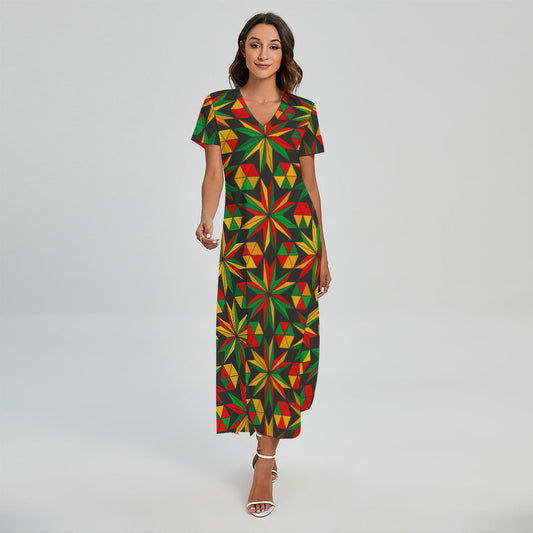 Abstract Geometric Reggae Pattern Print Short Sleeve Maxi Dress