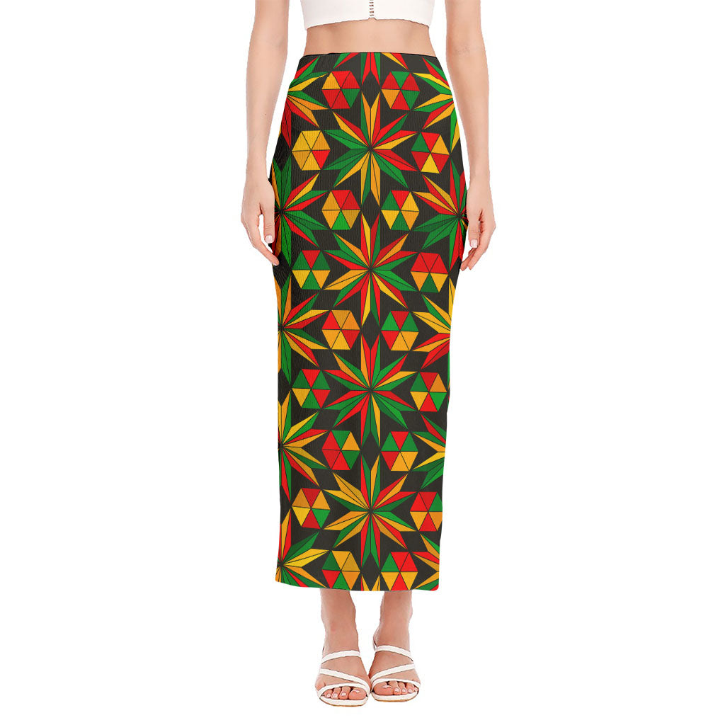 Abstract Geometric Reggae Pattern Print Side Slit Maxi Skirt