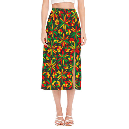 Abstract Geometric Reggae Pattern Print Side Slit Midi Skirt