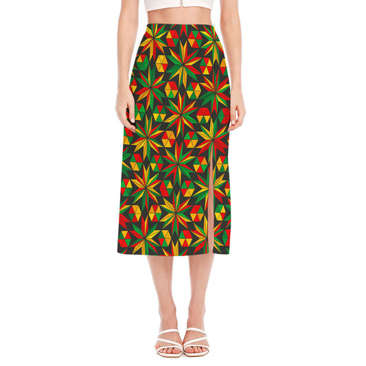 Abstract Geometric Reggae Pattern Print Side Slit Midi Skirt