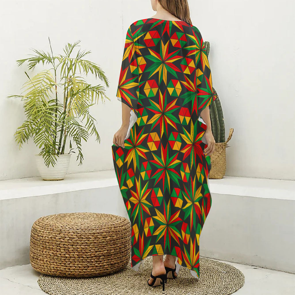 Abstract Geometric Reggae Pattern Print Silk V-Neck Kaftan Dress