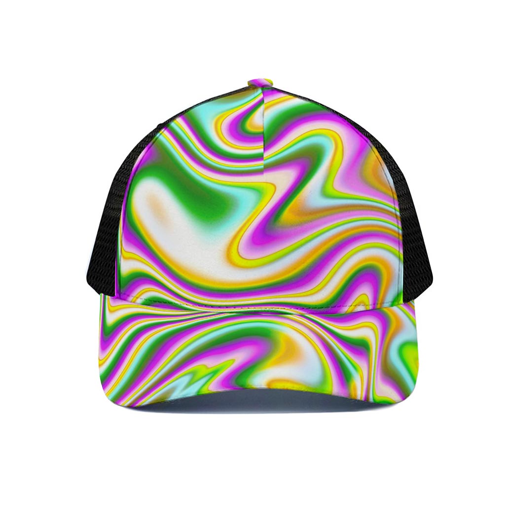 Abstract Holographic Liquid Trippy Print Black Mesh Trucker Cap