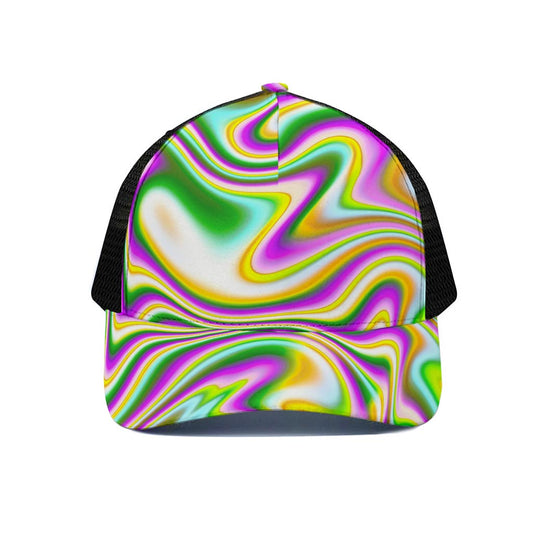 Abstract Holographic Liquid Trippy Print Black Mesh Trucker Cap