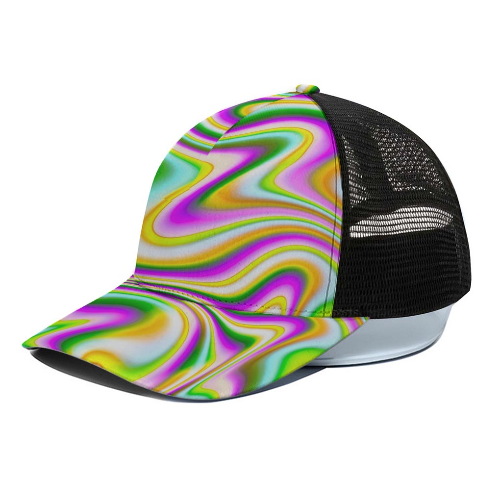 Abstract Holographic Liquid Trippy Print Black Mesh Trucker Cap