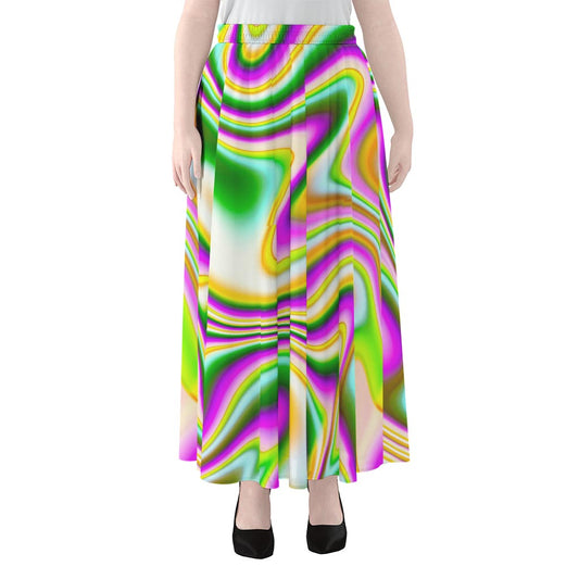 Abstract Holographic Liquid Trippy Print Chiffon Maxi Skirt