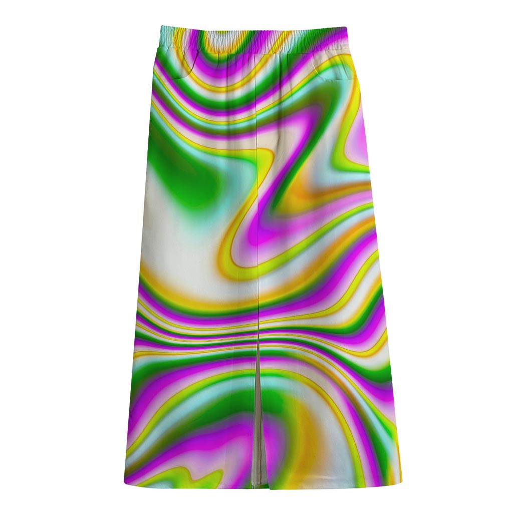 Abstract Holographic Liquid Trippy Print Cotton Front Slit Maxi Skirt