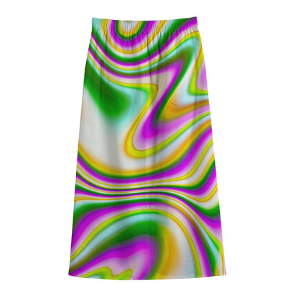 Abstract Holographic Liquid Trippy Print Cotton Front Slit Maxi Skirt