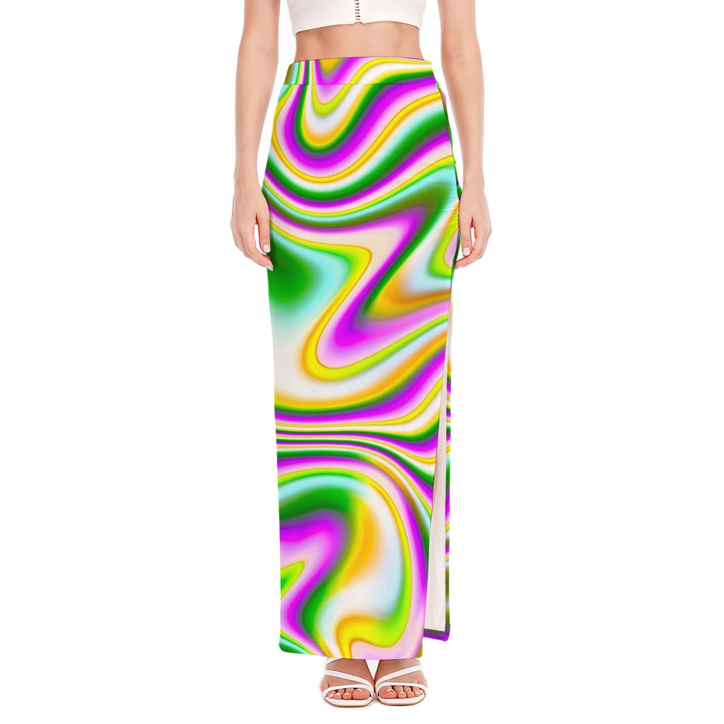 Abstract Holographic Liquid Trippy Print High Slit Maxi Skirt