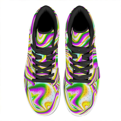 Abstract Holographic Liquid Trippy Print High Top Leather Sneakers