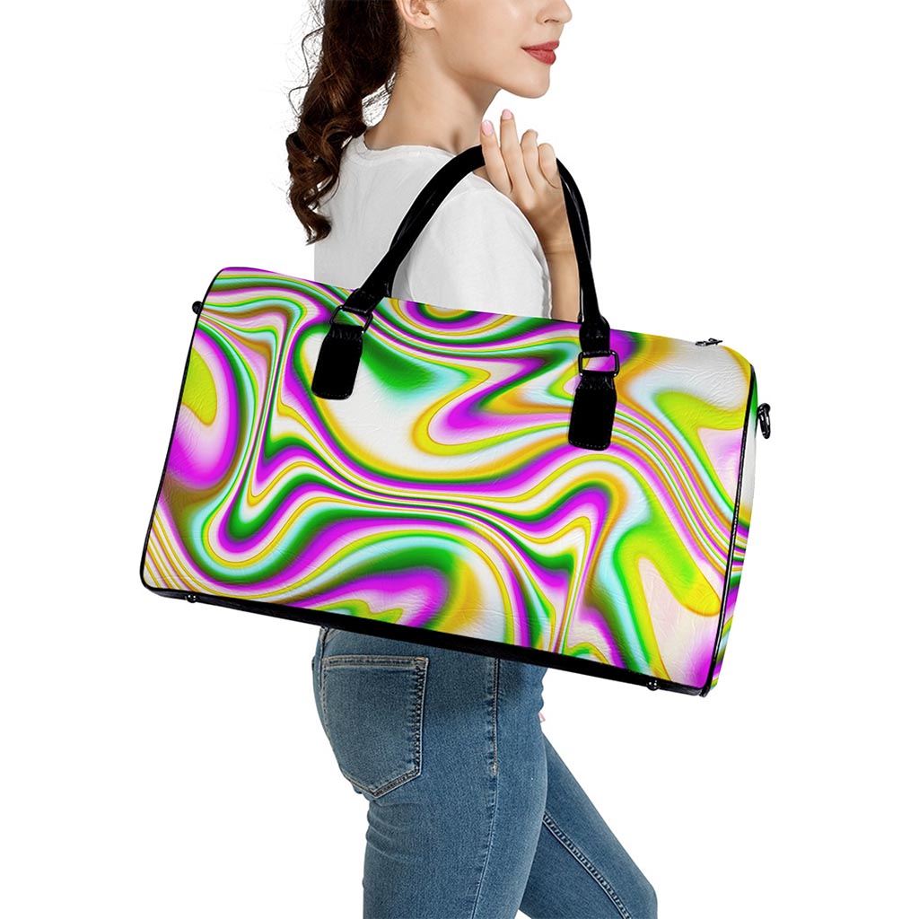 Abstract Holographic Liquid Trippy Print Leather Duffle Bag