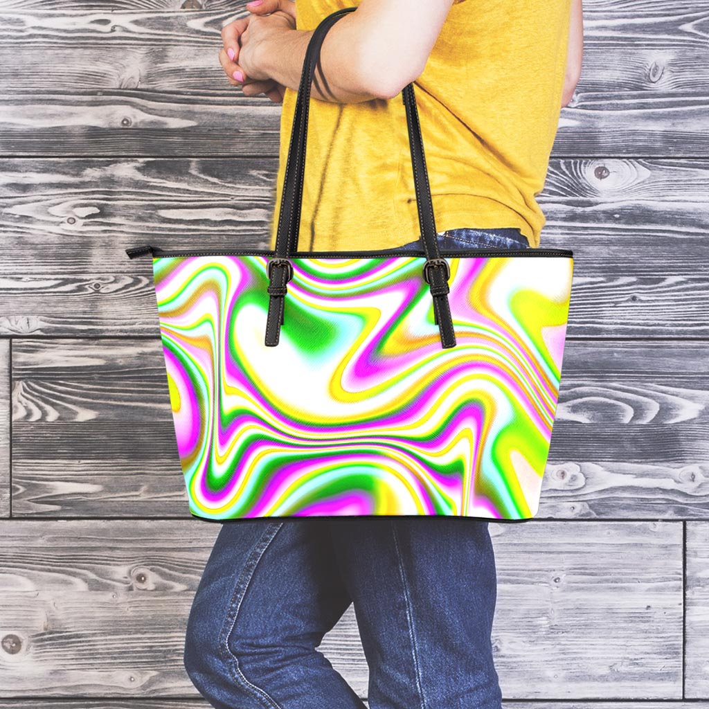 Abstract Holographic Liquid Trippy Print Leather Tote Bag