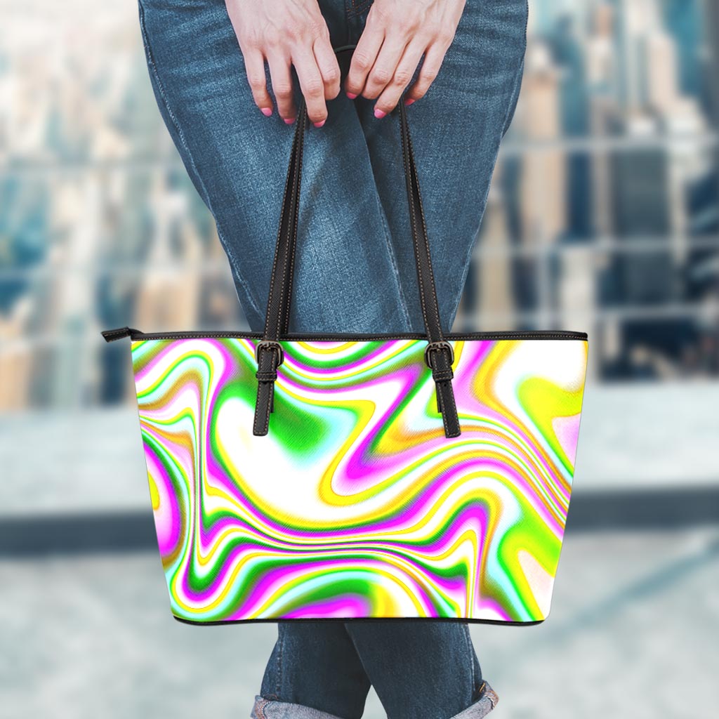 Abstract Holographic Liquid Trippy Print Leather Tote Bag