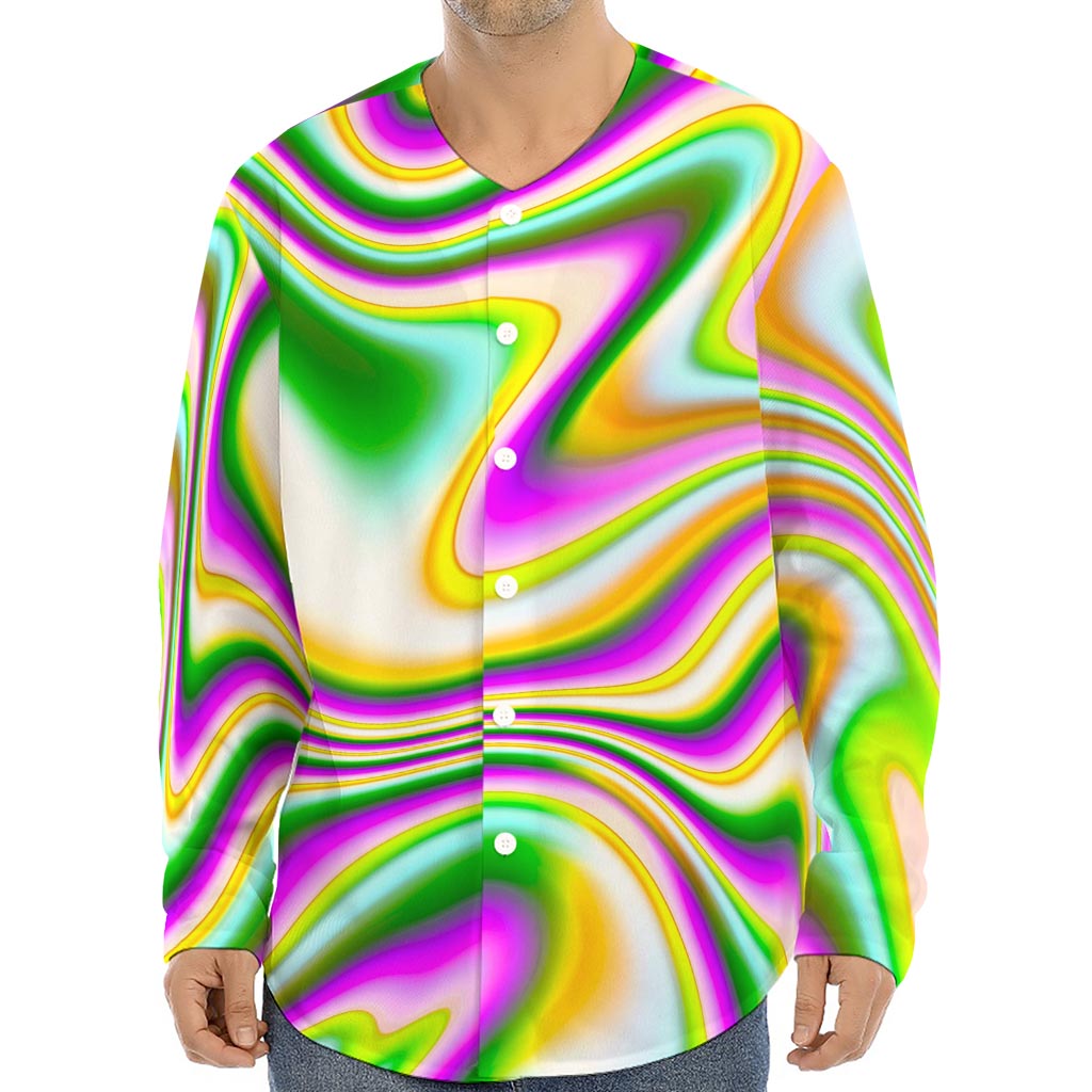 Abstract Holographic Liquid Trippy Print Long Sleeve Baseball Jersey